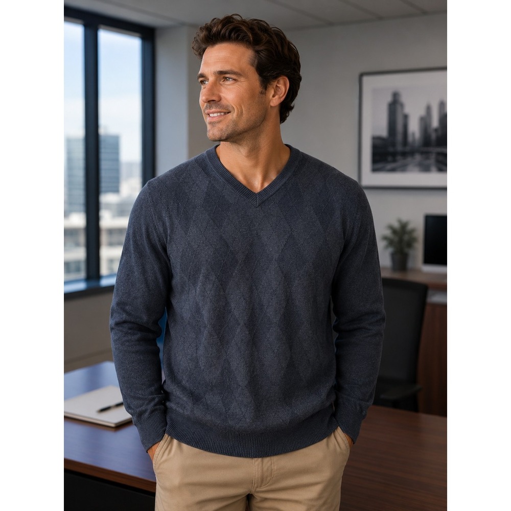 FOLIO Men's Silk Cashmere Medium Blue Gray‎ Sweater Geometric Print -2041